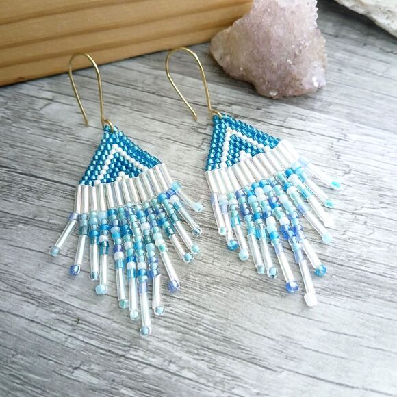 Boho Chic Beaded Cascade Fringe Dangle Earrings, Seed Bead Jewelry 3" - Picture 3 of 9
